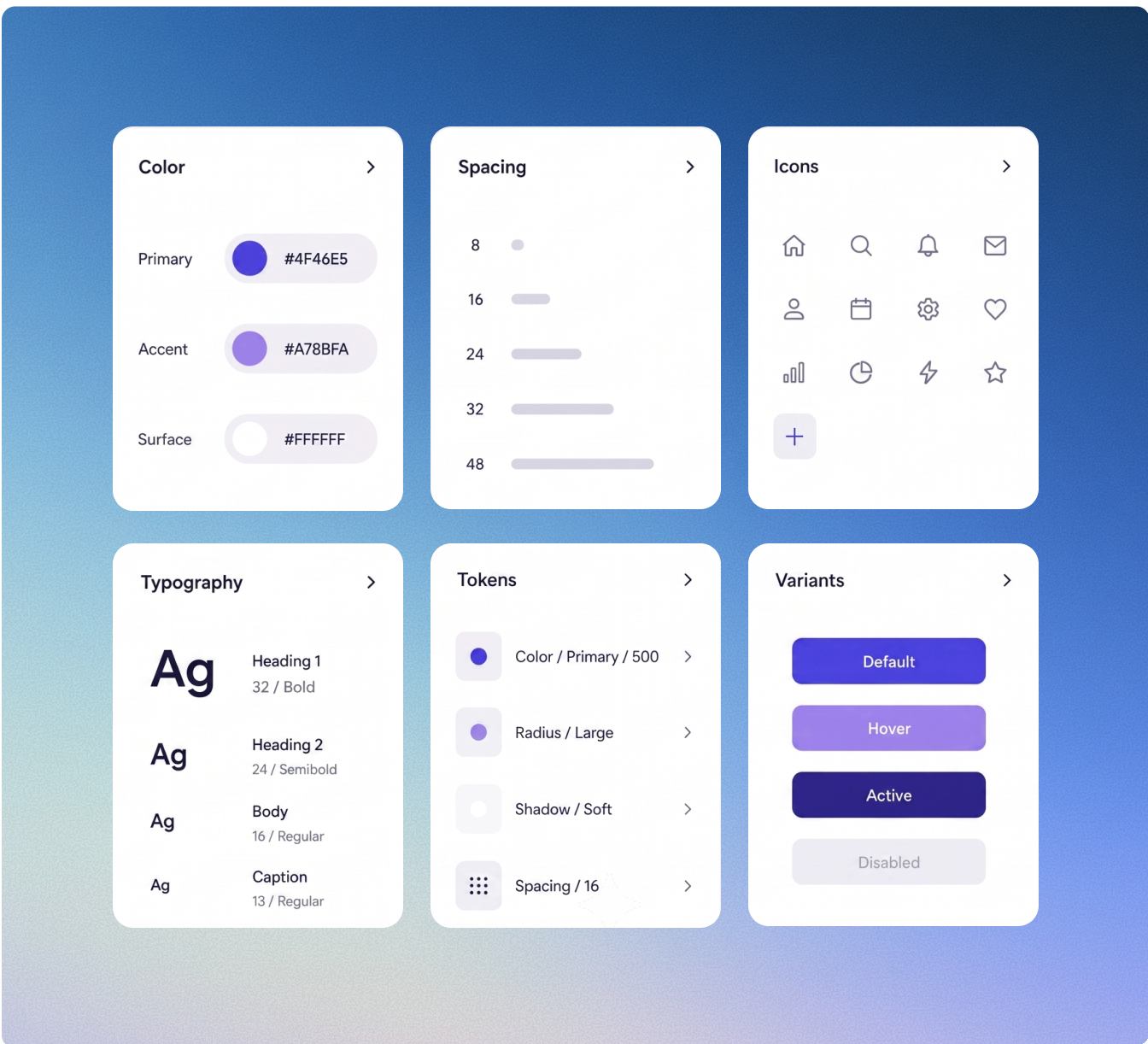 Design system dashboard with color, spacing, icons, tokens, and variants