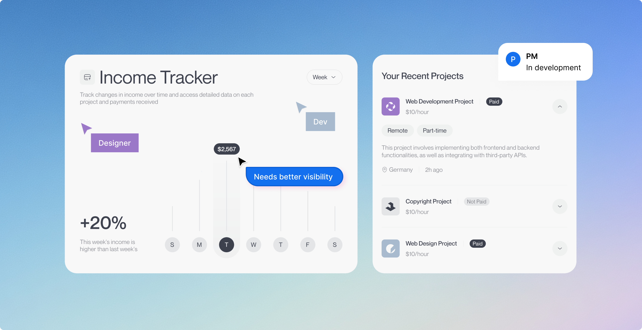 Dashboard cards showing design visibility and recent project status