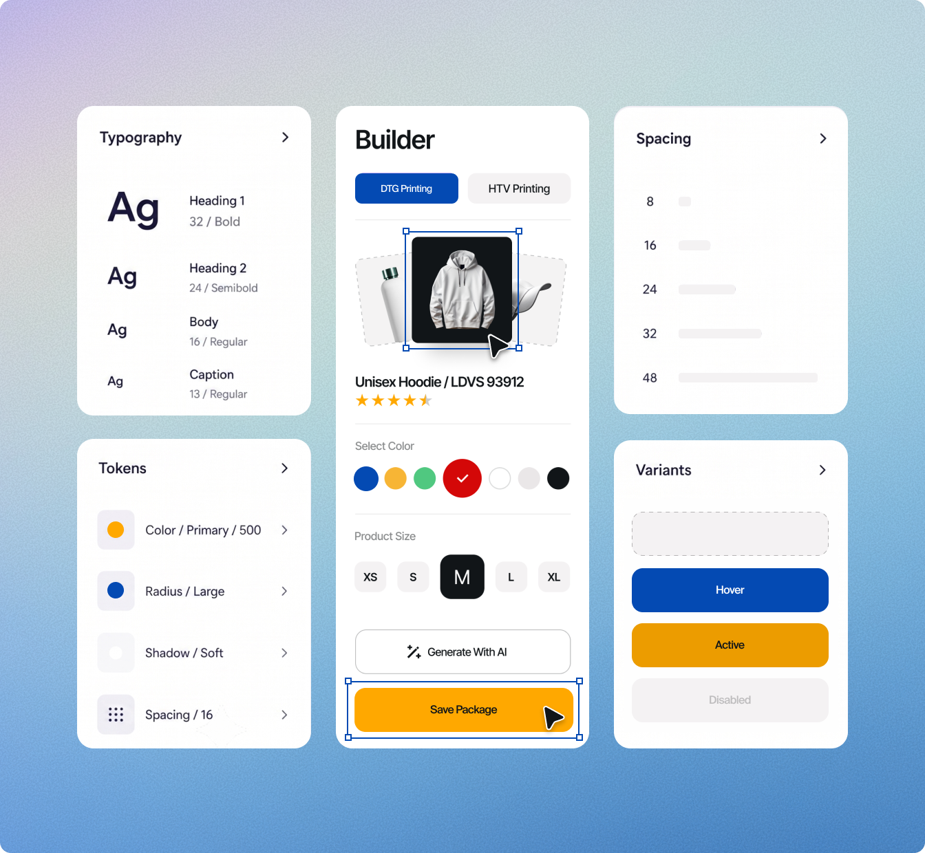 Design system boards with typography, tokens, spacing, variants, and a component builder